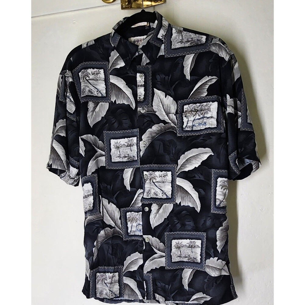 Vintage Campia Moda Short Sleeve Tropical Print Shirt Black Hawaiian Size Small
